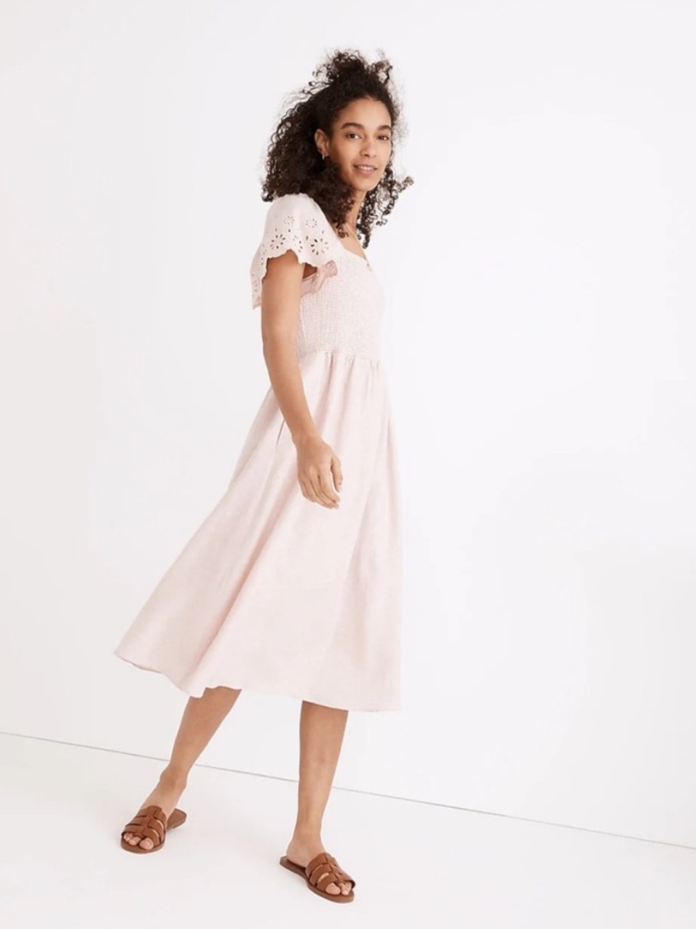 NWT Madewell Linen-Blend Eyelet-Sleeve Lucie Smocked Midi Dress